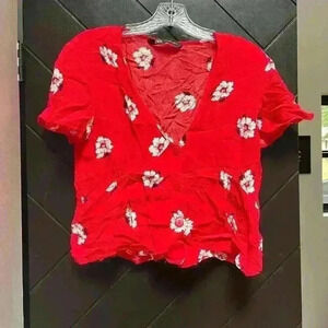 ZARA floral red cottage core top cap sleeve v neck button down size L